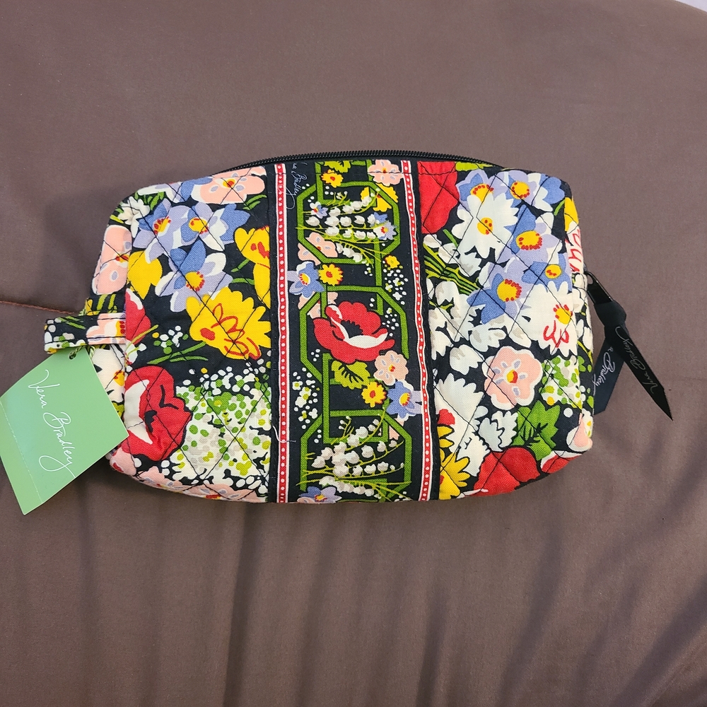 Vera Bradley Black Multi Floral Quilted Pouch with Red, Yellow & Blue Accents